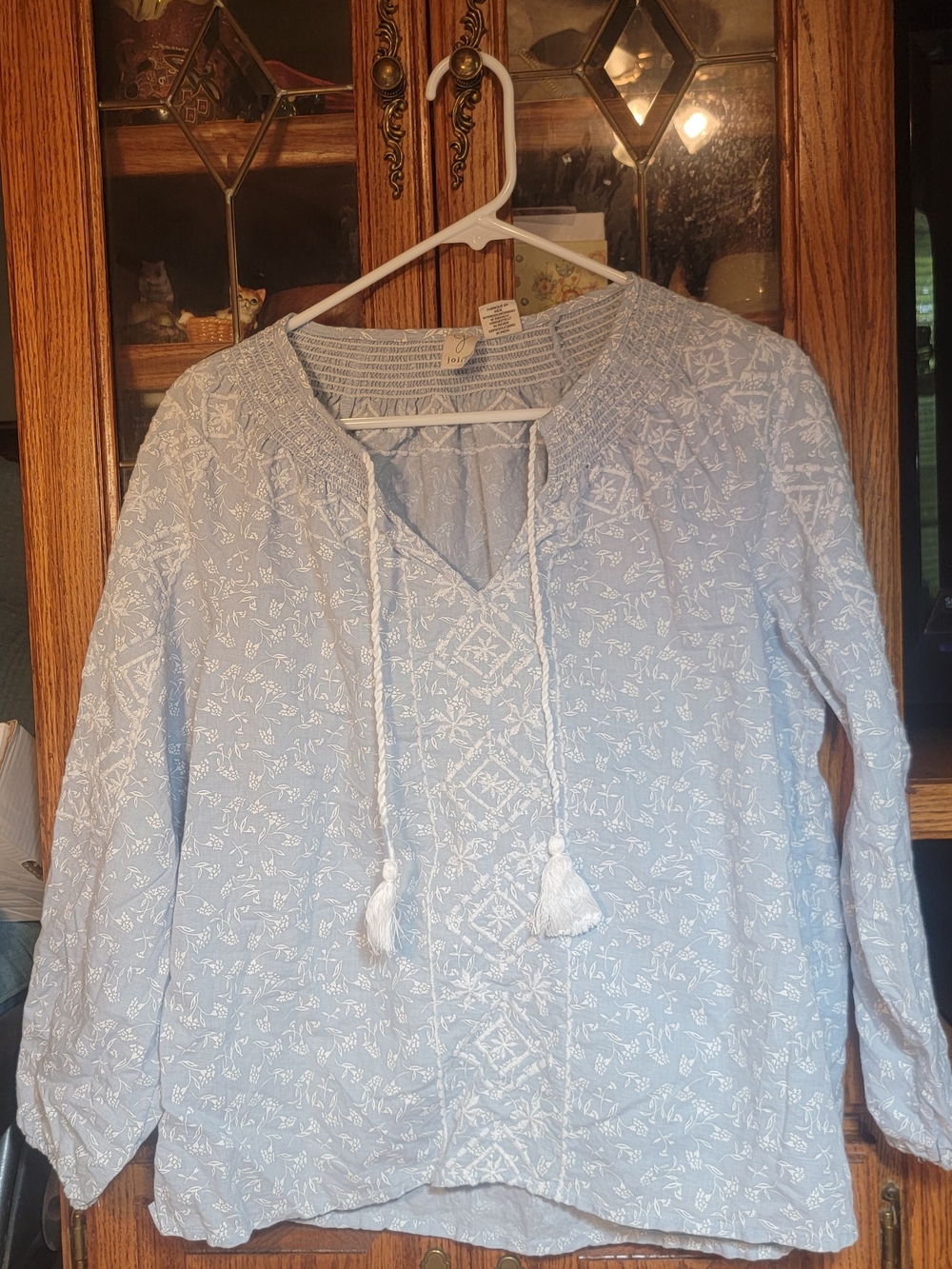 Joie Women's Light Blue Embroidered Peasant Top with Tassel Ties Size Small